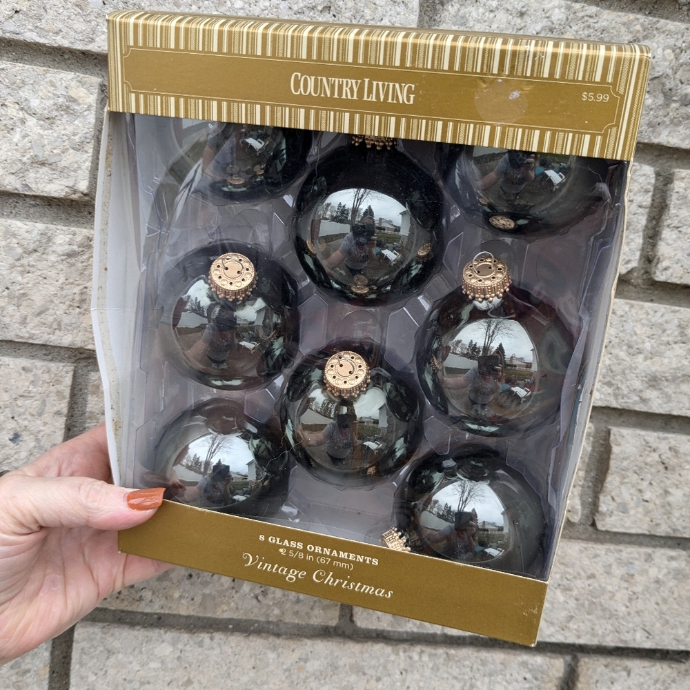 16 Glass Christmas Ornaments Original Box Dark Forest Green Shiny New In Box